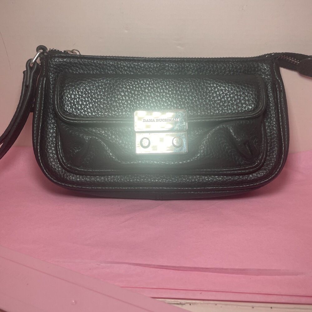 Dana Buchman Wristlet Pouch Handbag Faux Pebbled Leather Black Purse Clutch 9x5"